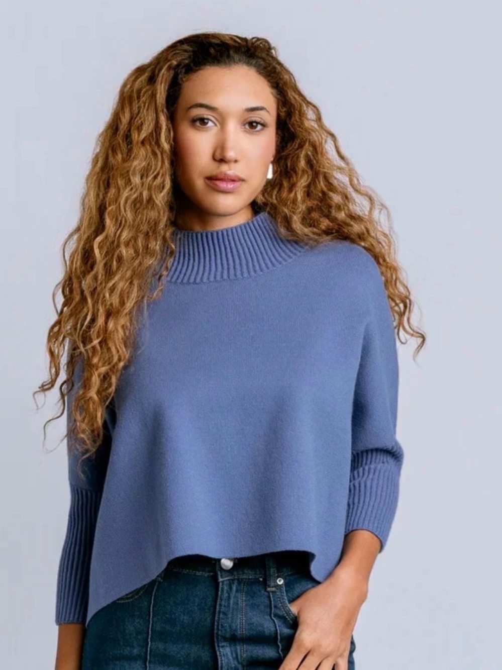 Kerisma Aja Sweater Slate Blue Oversized High Low Mock Neck Angora Blend O/S